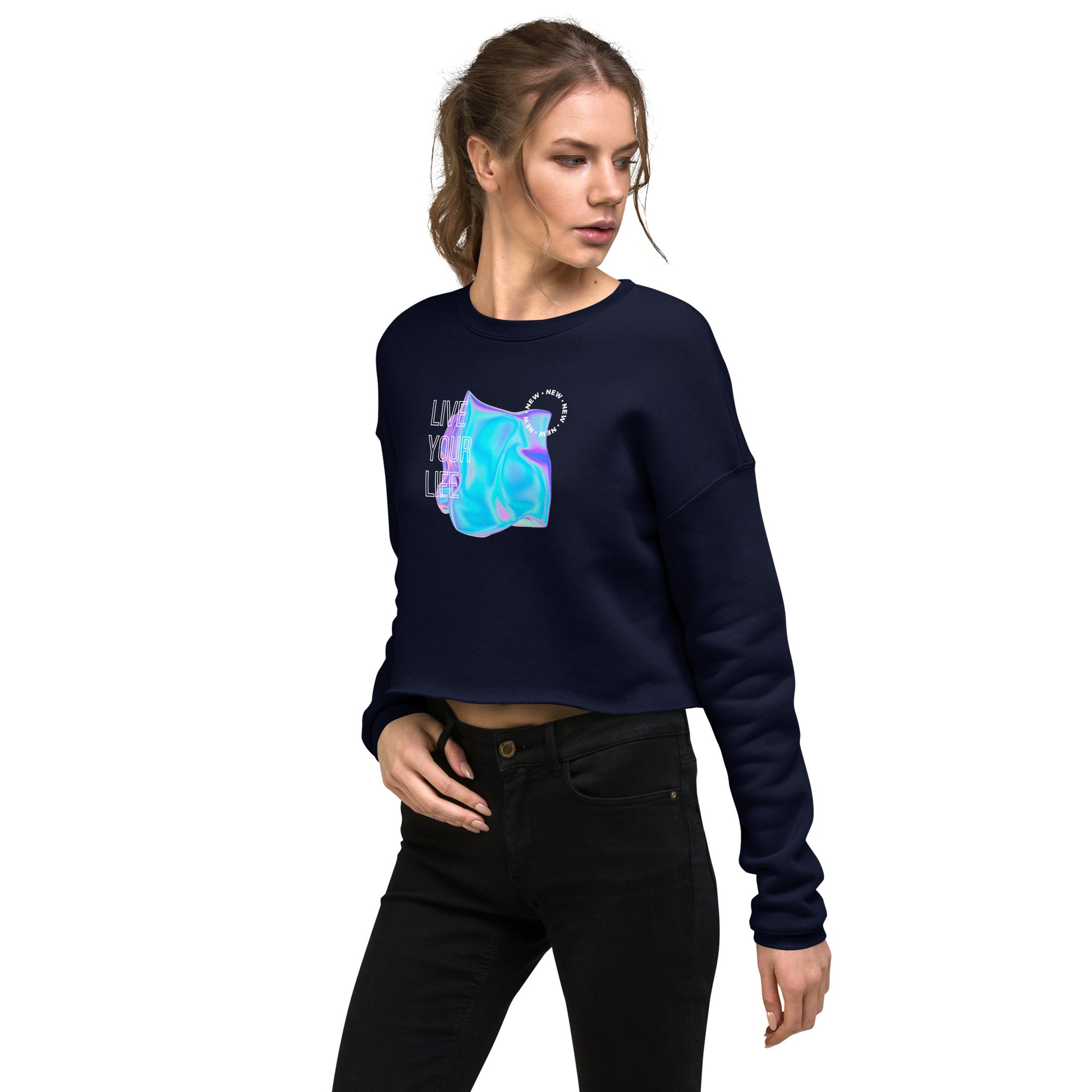 Vivid Existence Live Your Life Women's Crop Sweatshirt - Navy - FLAKOUT